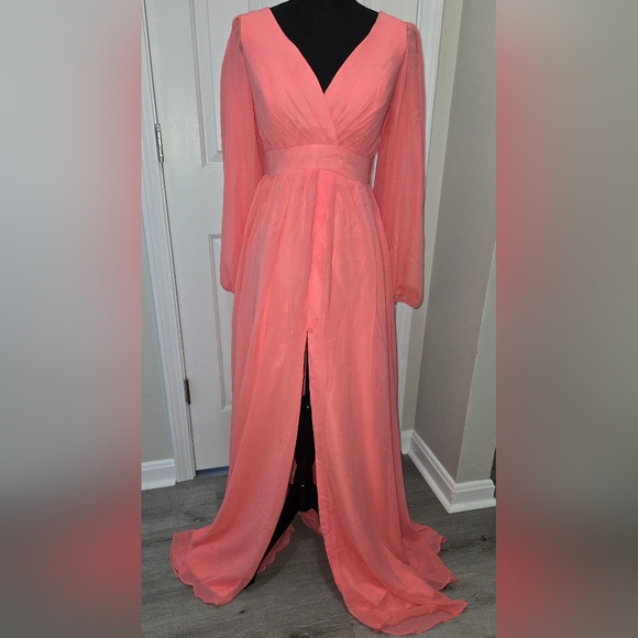 NWT Lavetir A-Line V-Neck Coral Long Sleeves Chiffon Long Dress - Picture 4 of 16